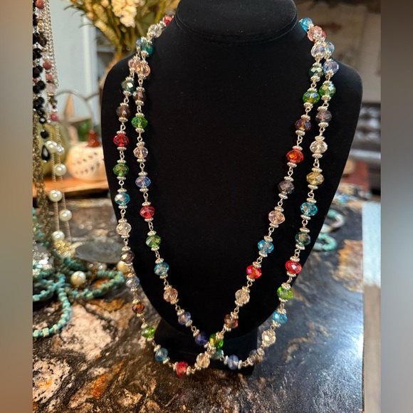 Shiny Festive Long Doubling Crystal Beaded Necklace Light Reflecting - Picture 3 of 7